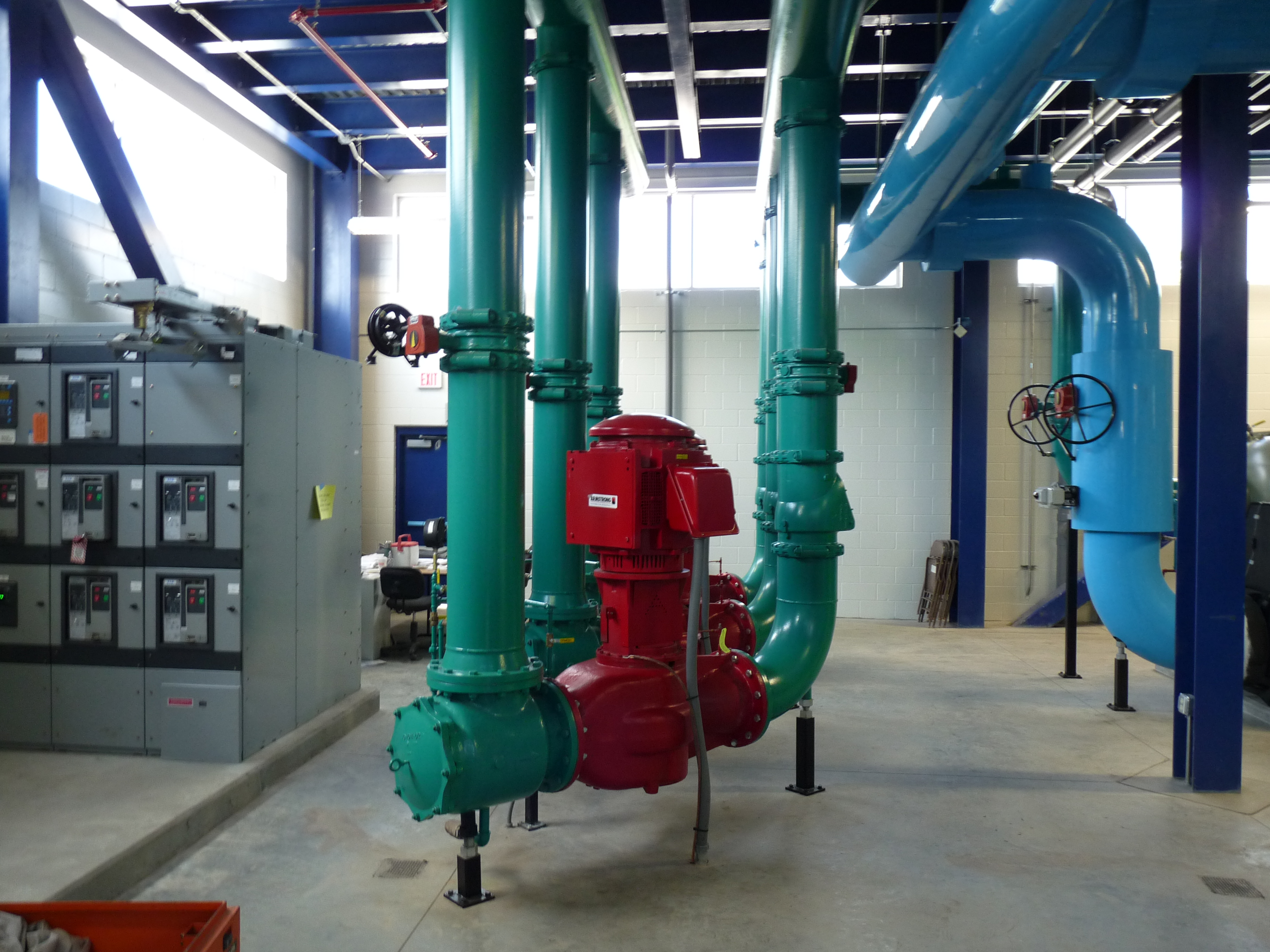 Mechanical room piping after SX Gloss multi-color coating